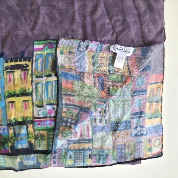 Karen Fields Lightweight Scarf with City Town Print Trim Purple Women's - Picture 7 of 8